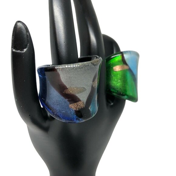 Handcrafted Dichroic Glass Statement Rings Blue & Green Tones Size 6.5 - Picture 4 of 6